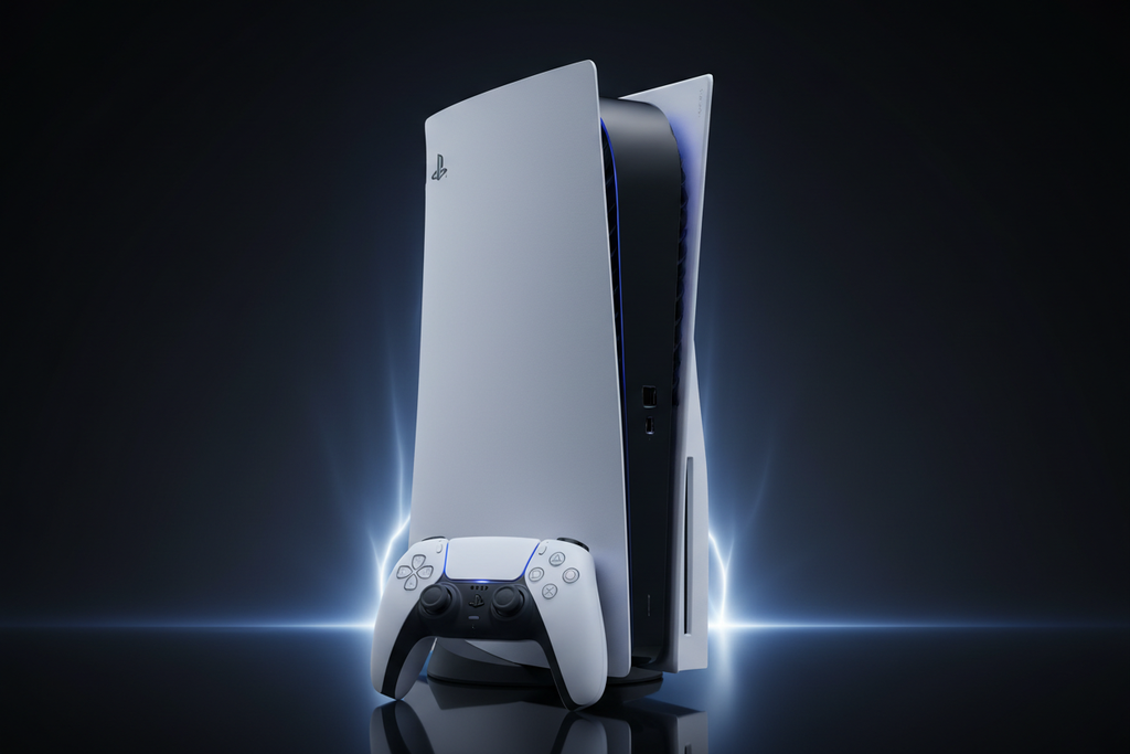 Consola PS5 Versión Disco blanca studio fondo oscuro con DualSense