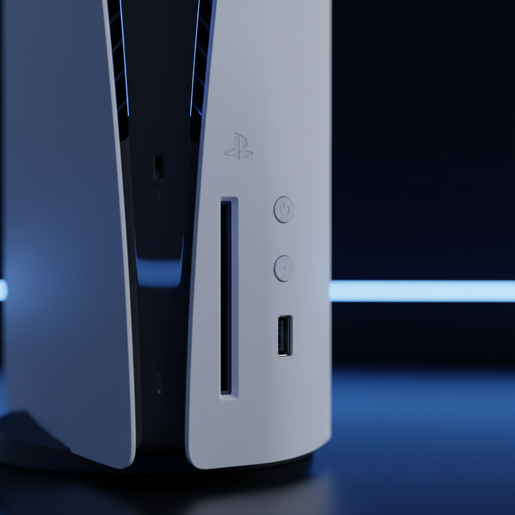 Macro detalle ranura disco USB y botón PS5