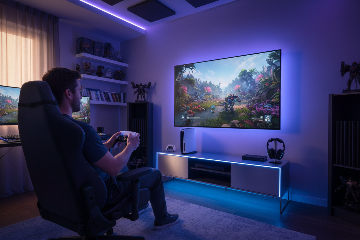 Gamer jugando PS5 en sala moderna con TV 4K